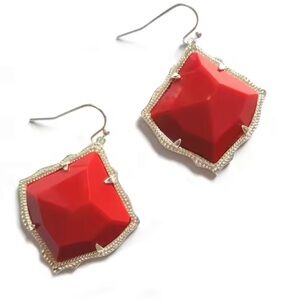 14k gold plated Diamond shape Red Faceted dangle statement earrings